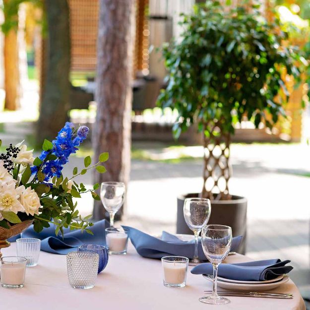 Beautiful wedding guest table with blue cornflower linens and a garden in the background.